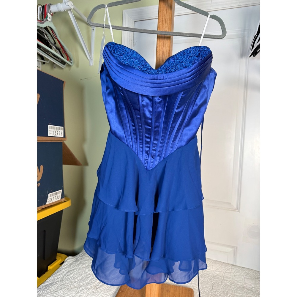 Royal Blue Corset Ruffle Tiered Cocktail Dress Sweetheart Lace Size 9 NWT
